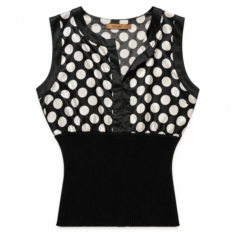 Y2K Belldini Black White Polka Dot Sleeveless Silk Blouse